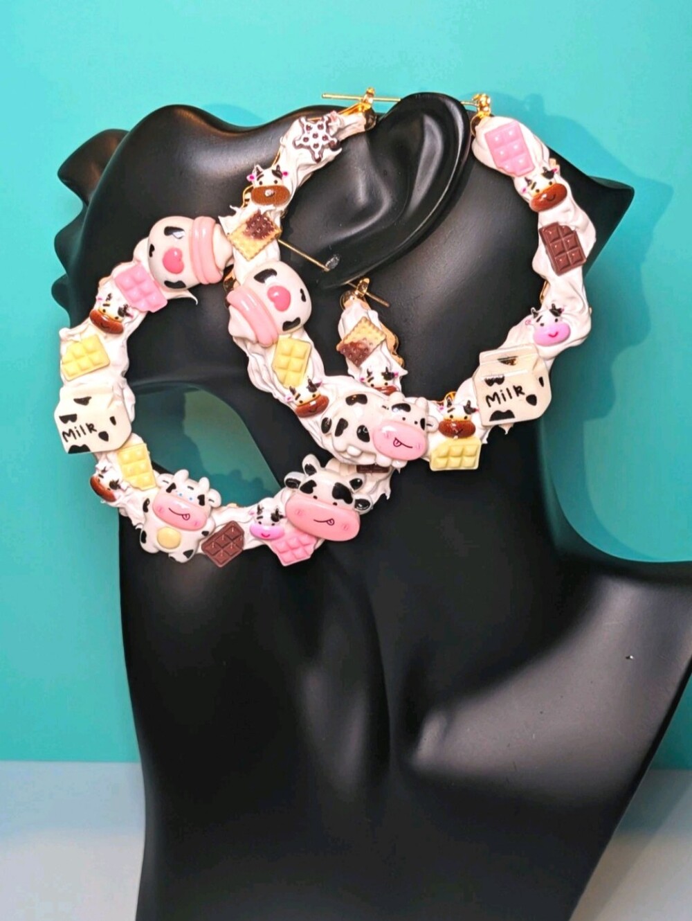 Hand Crafted Decoden Pink, White & Brown Cow-Themed Xl Hoop Earrings For Women